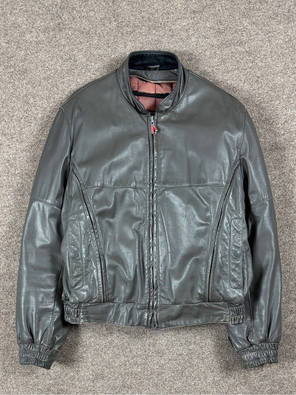 First Gear Grey Leather Heavyweight Ventilated Motorcycle Bomber Jacket Men’s XL